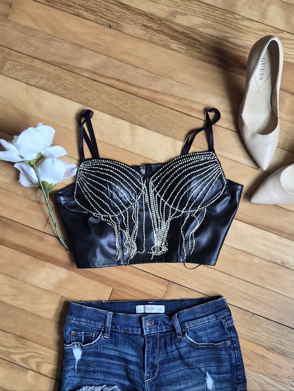Blashe Black Faux Leather Pearl-Chain Bustier Crop Top
